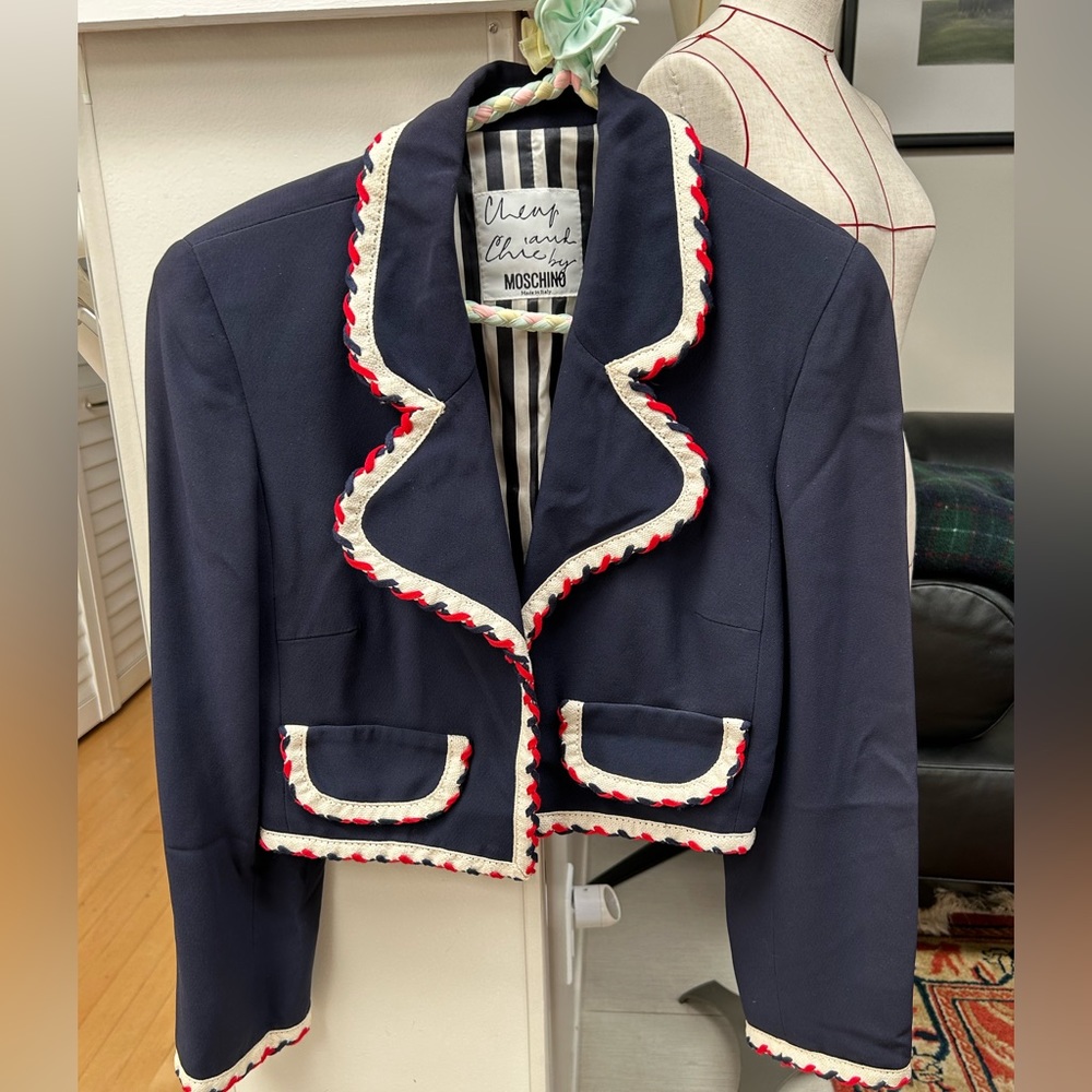 Moschino navy braid trim waist length jacket